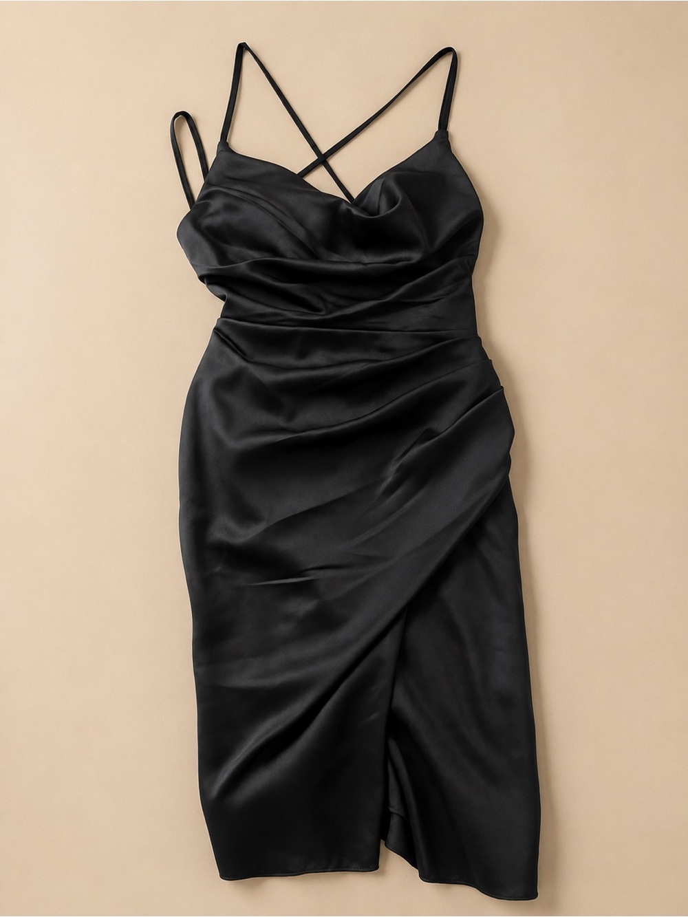 Gianni Bini Black Satin Midi Slip Dress with Draped Cowl